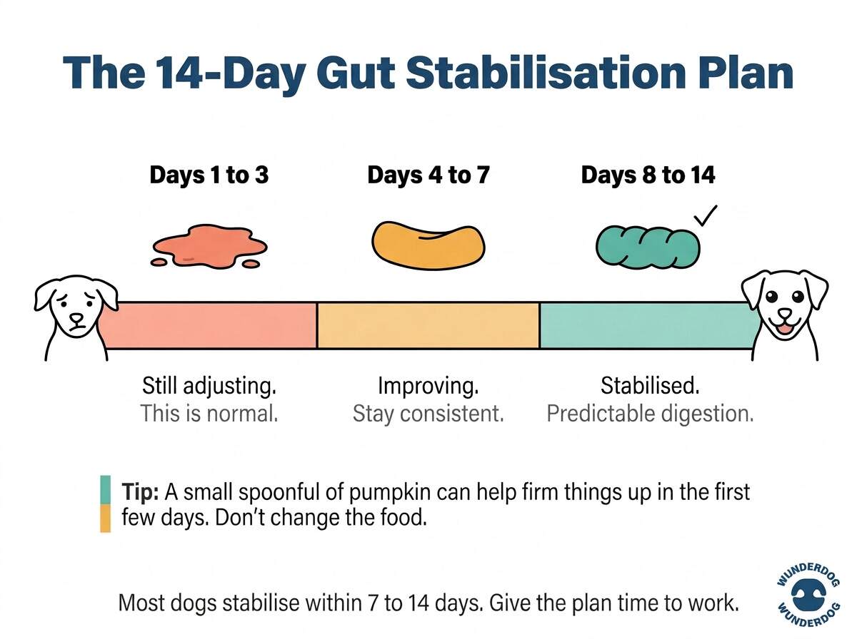 Fourteen-day timeline showing gut stabilisation from loose stools to consistent healthy digestion
