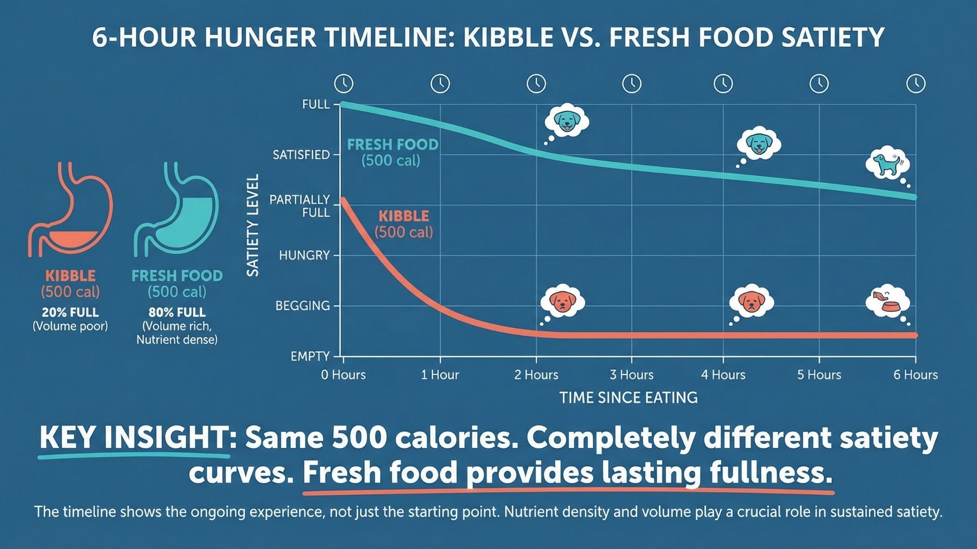 Graph showing 6-hour hunger timeline comparing kibble versus fresh food satiety levels where kibble drops to begging level within 2 hours while fresh food maintains satisfaction for 6 hours plus stomach fill comparison showing 20 percent full with kibble versus 80 percent full with fresh food