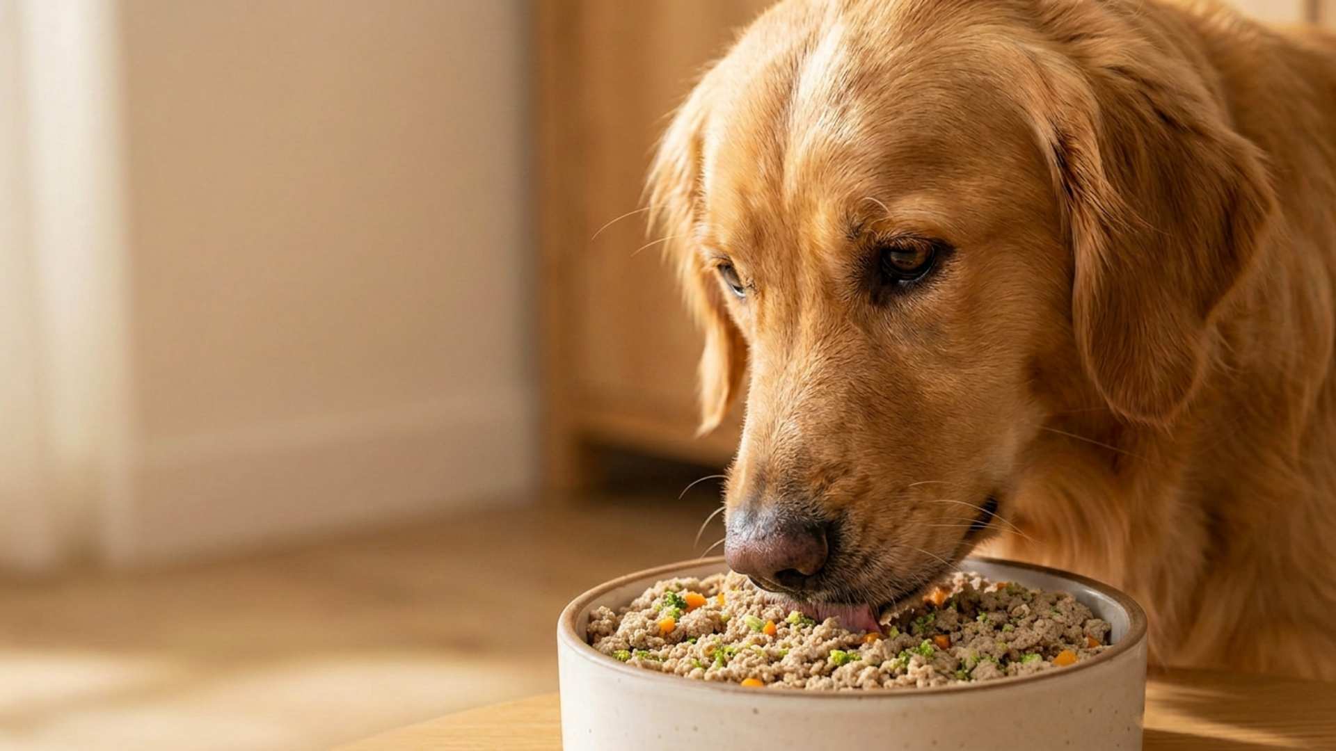 Golden Retriever eating fresh gently cooked dog food from a bowl in warm natural light illustrating that essential amino acids for dogs must be in their daily food