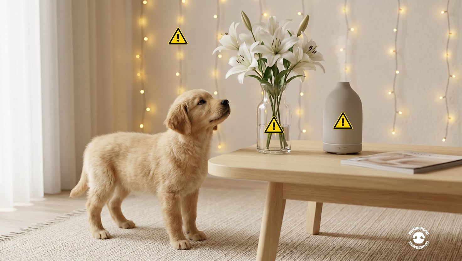 Puppy standing beside a table with lilies and a diffuser, marked with warning icons to highlight common seasonal household hazards that can be unsafe for dogs.