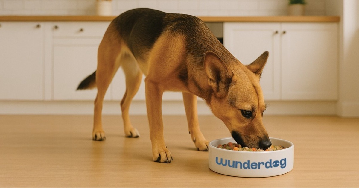 Dog enjoying a healthy meal from a Wunderdog bowl in a clean kitchen setting, highlighting nutritious and appealing real food for dogs designed for well-being.