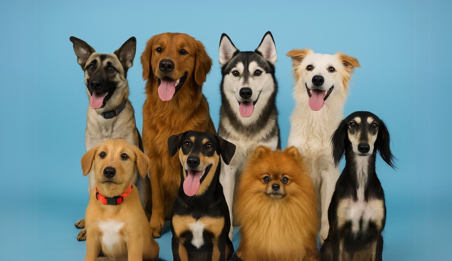 Group of eight adoptable RAKAWC shelter dogs of various breeds posing in two rows against a soft blue background.