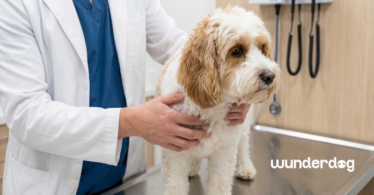 Veterinarian examining a small dog on a clinic table, Wunderdog banner image for recognising dog digestive symptoms and when to see a vet