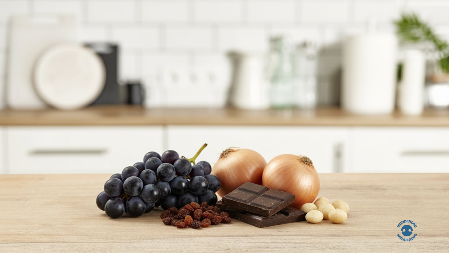 Kitchen countertop displaying grapes, raisins, onions, chocolate, macadamia nuts, and alcohol, illustrating toxic foods that are dangerous for dogs.