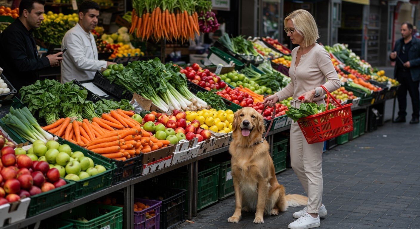 Golden retriever sitting beside a woman shopping at a fresh produce market stall