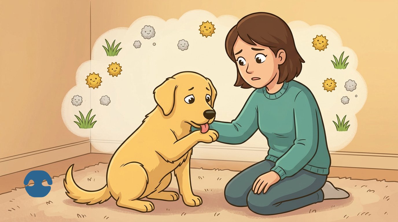 Cartoon dog licking its paw indoors while a concerned owner kneels beside it, with illustrated pollen, dust, and grass allergens around them