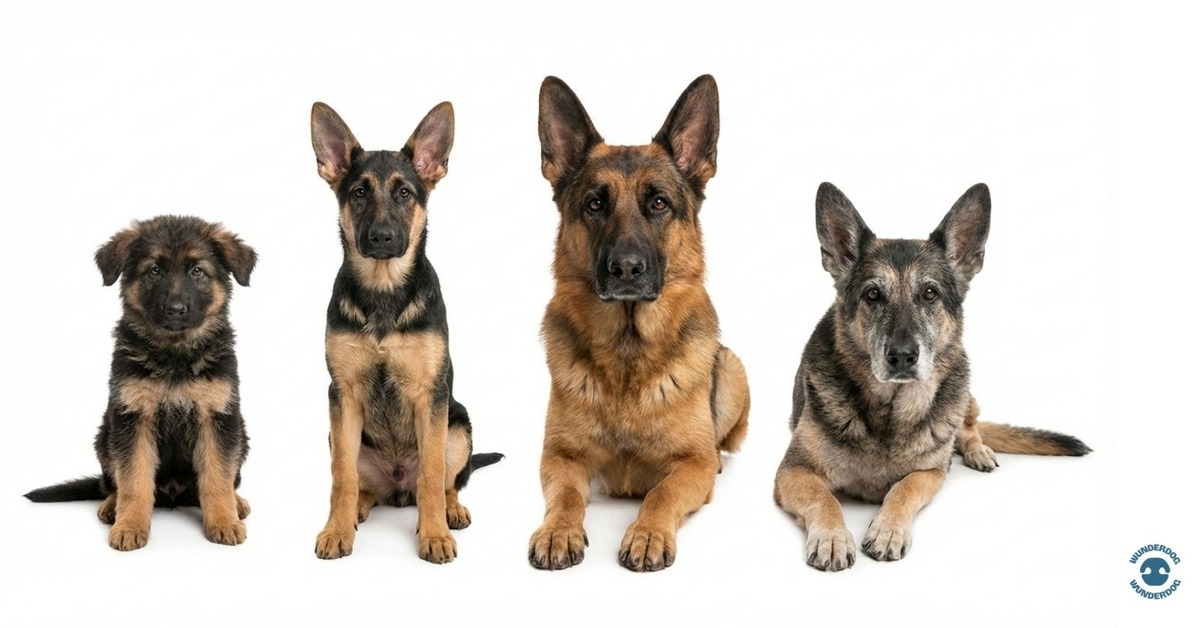 Dogs shown from puppy to senior to represent changing nutritional needs at each life stage.