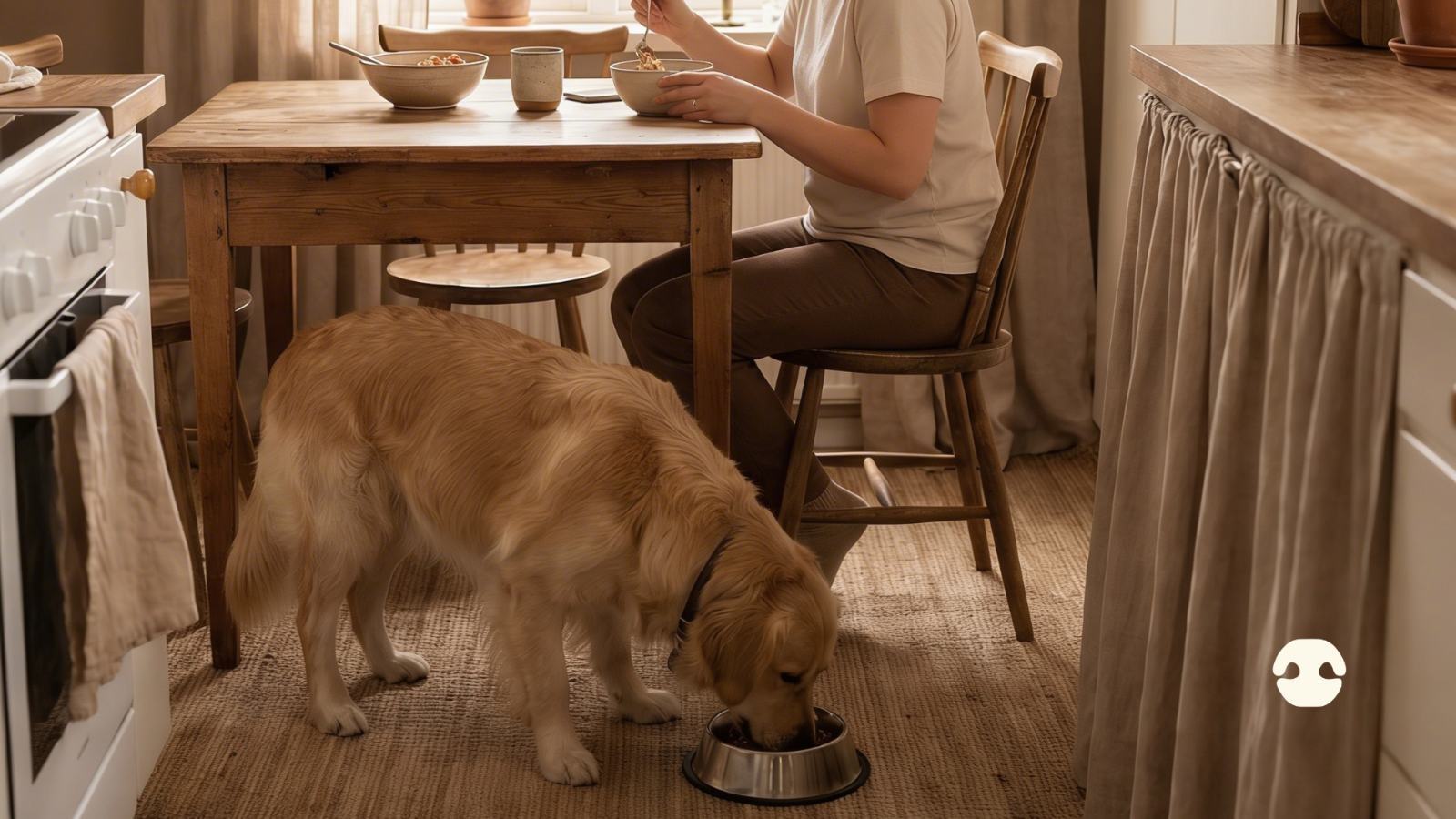 Dog eating from a bowl on a kitchen floor while an owner eats at a wooden table.