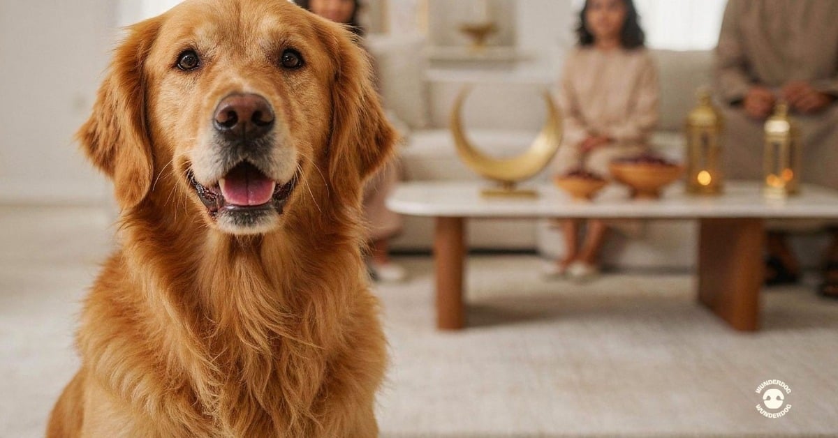 Golden retriever sitting indoors with a family in the background during an evening gathering, Ramadan-inspired home setting.