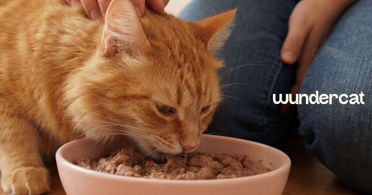 Orange cat eating fresh pâté-style food from a bowl at home with Wundercat branding visible