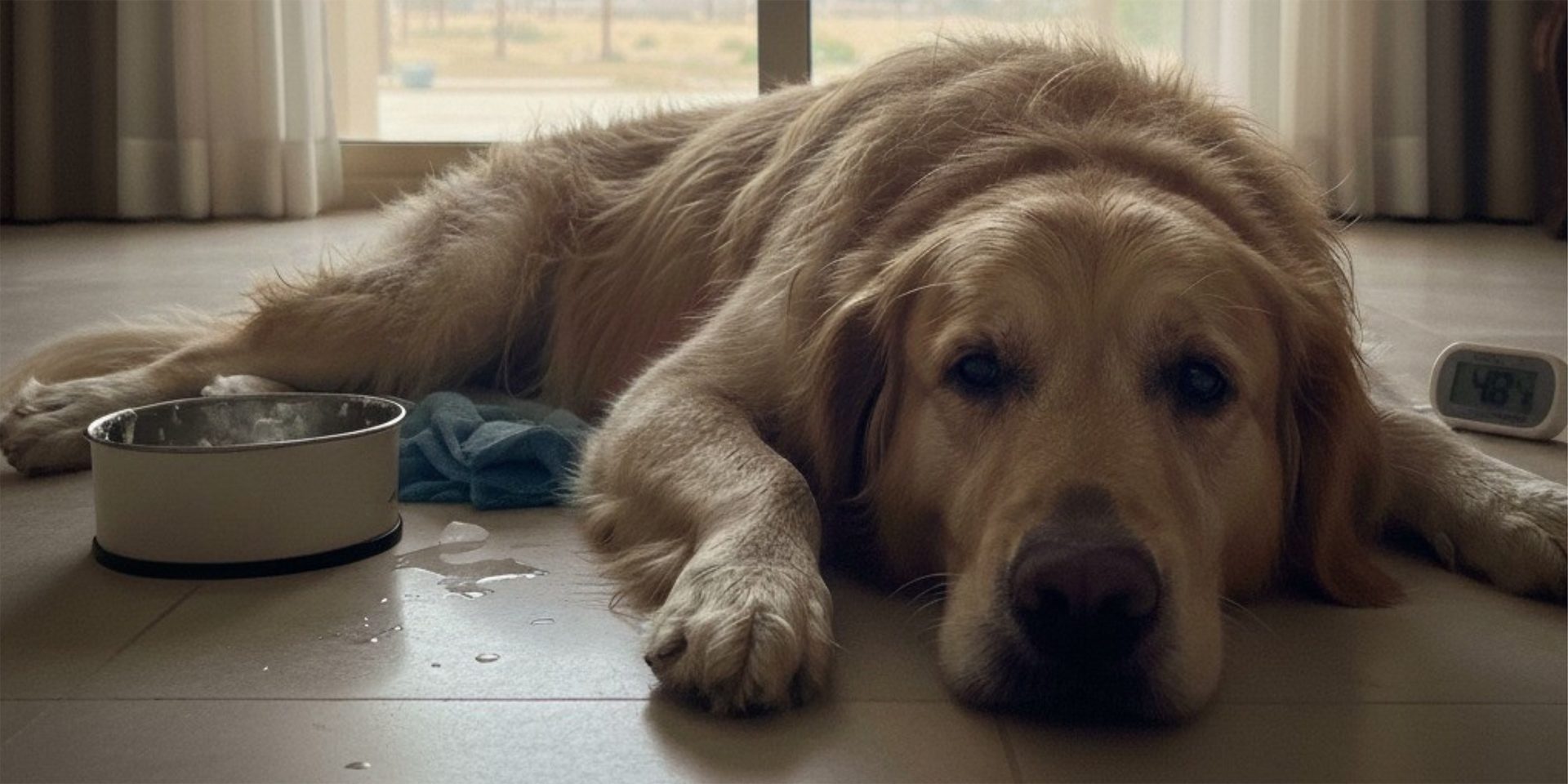 Dog digestive issues after UAE summer: tired golden retriever lying beside a water bowl, showing low energy and digestive discomfort.