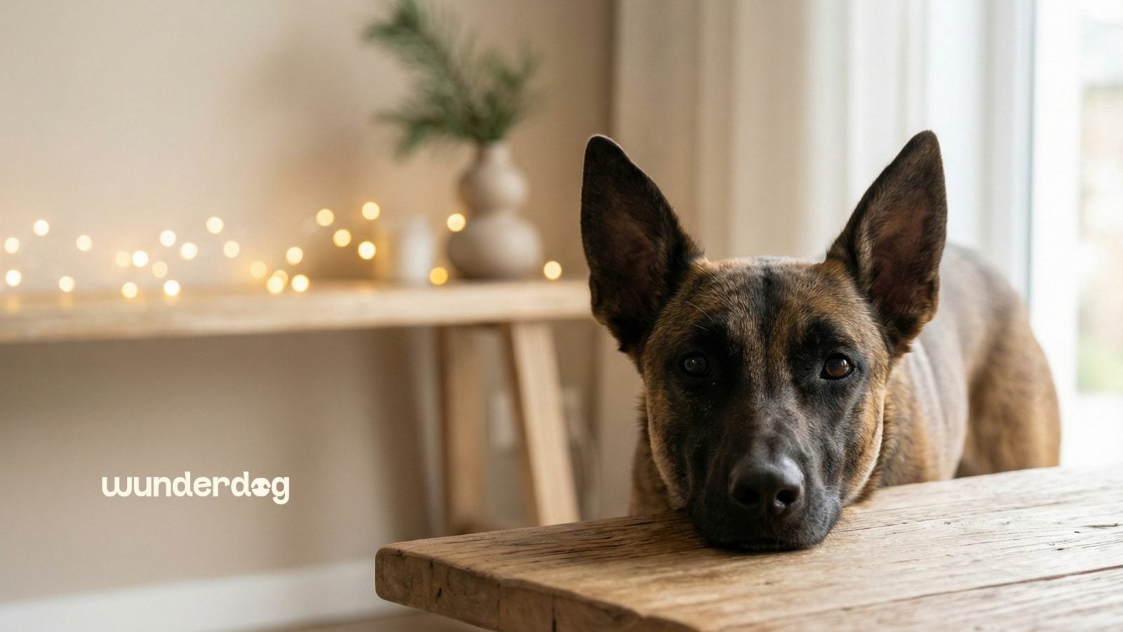 Dog resting its chin on a wooden table with festive lights behind