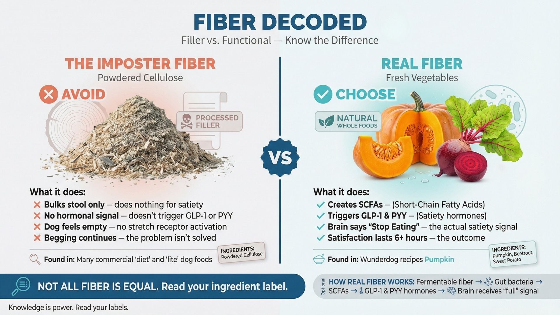 Infographic titled Fiber Decoded comparing powdered cellulose filler found in diet dog foods that does nothing for satiety versus real functional fibre from pumpkin beetroot and sweet potato that triggers GLP-1 and PYY satiety hormones and creates short-chain fatty acids