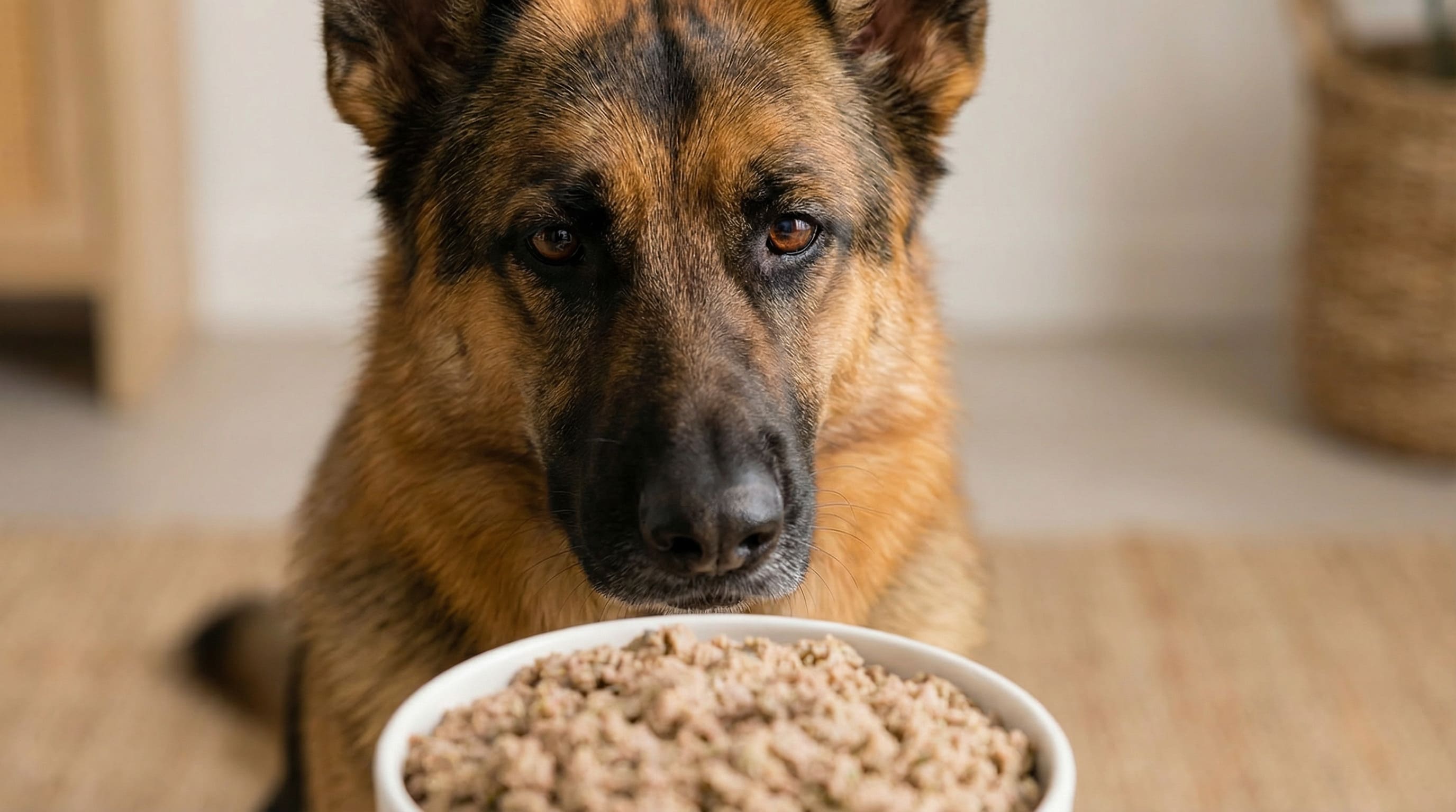 German Shepherd with glossy coat looking at bowl of freshly cooked Wunderdog food in modern kitchen