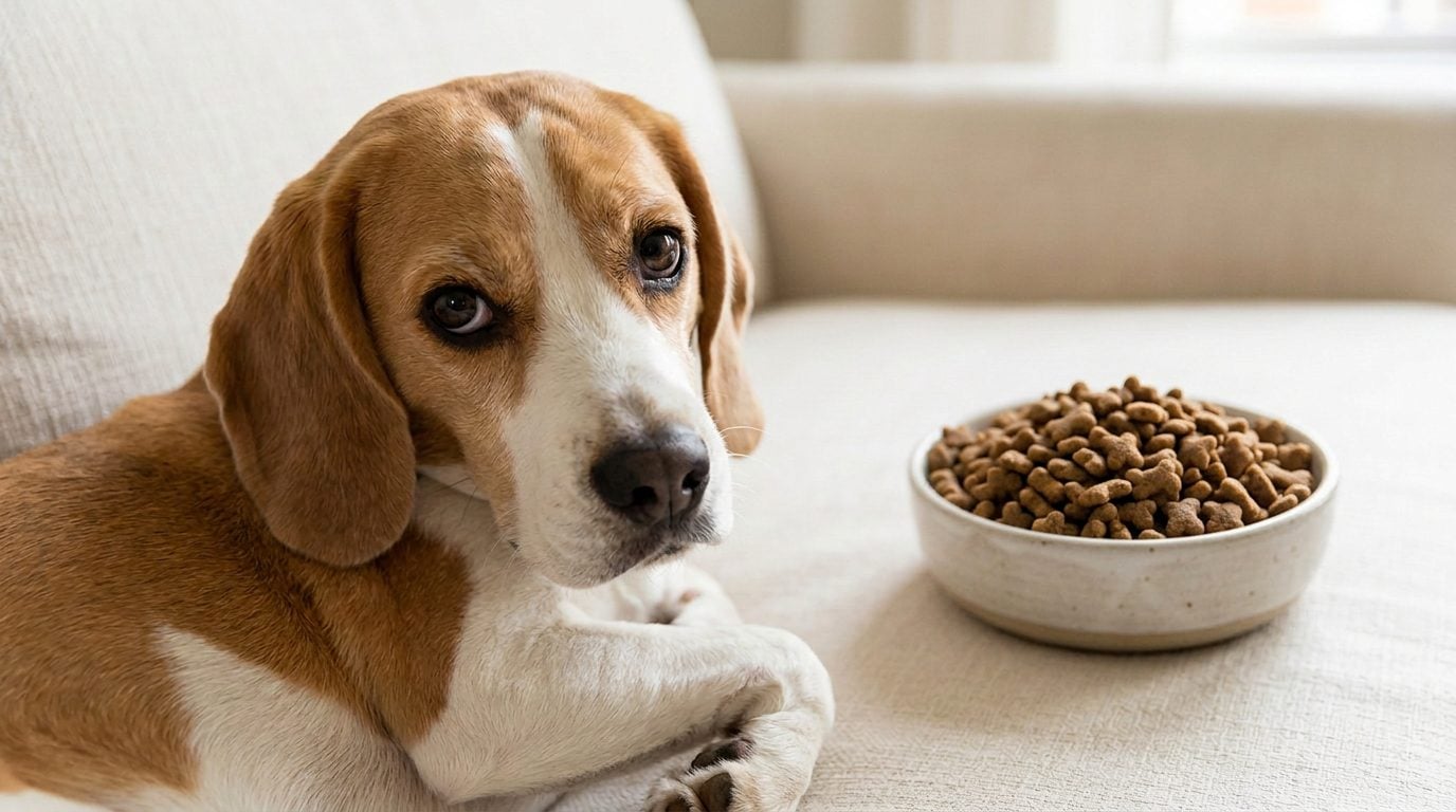 Beagle lying on a sofa beside a bowl of dry food