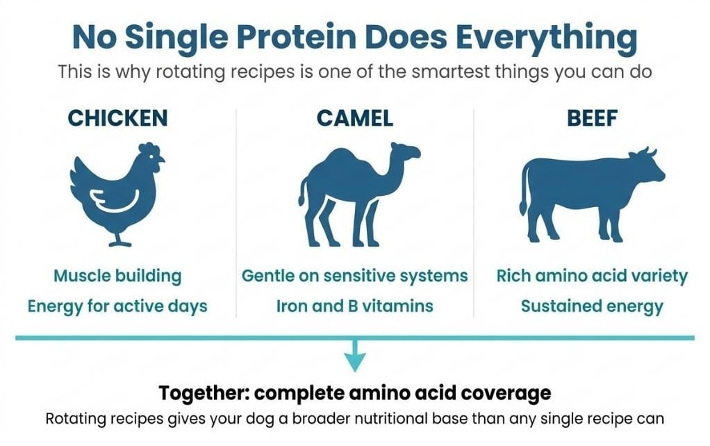 Three-column comparison of chicken, camel and beef proteins showing why rotating dog food recipes ensures complete amino acid coverage