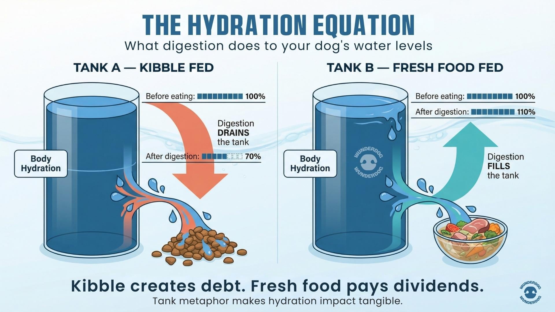 Tank comparison showing kibble drains body hydration to 70% while fresh food increases hydration to 110% after digestion