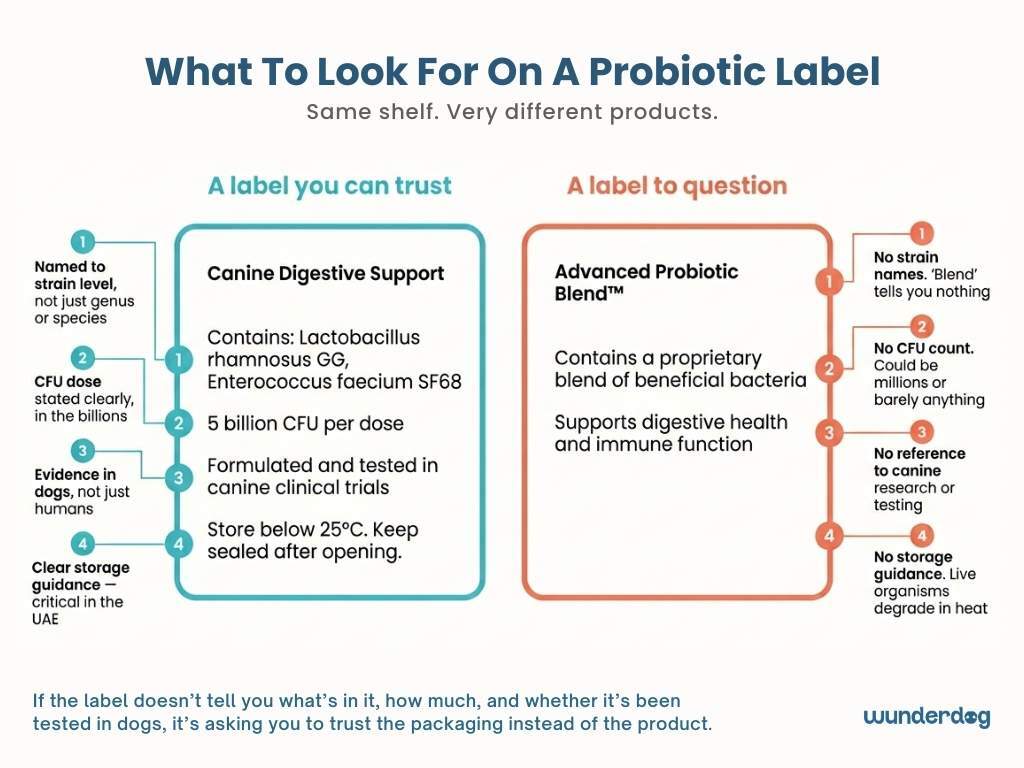 Two mock dog food probiotic labels side by side showing what a trustworthy product names versus what a vague label hides