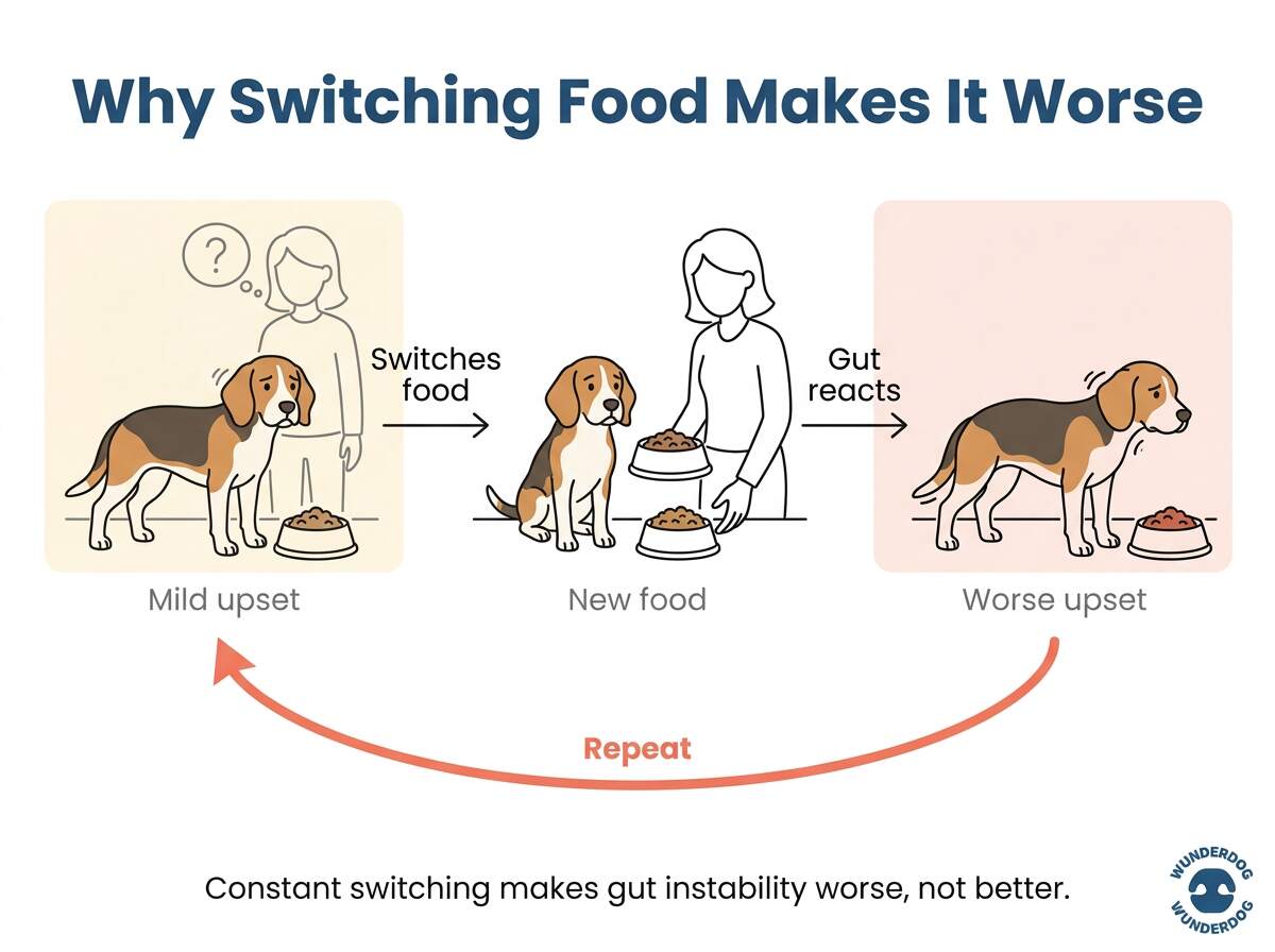Three-panel sequence showing mild stomach upset, food switch, worse upset, with circular arrow showing repeating cycle