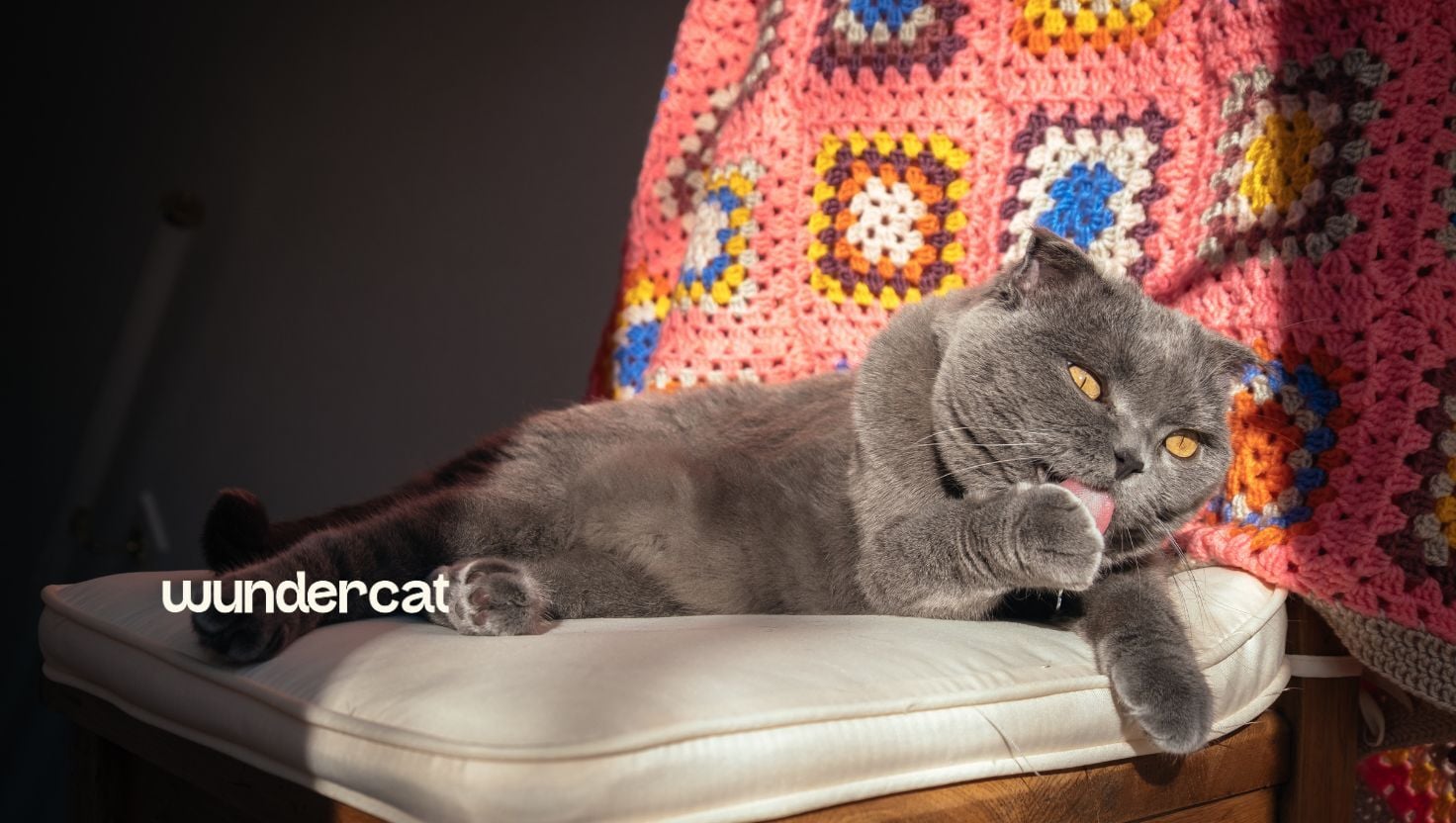 Grey cat mid-grooming, licking its paw on a cushioned bench, illustrating the link between grooming and hairballs