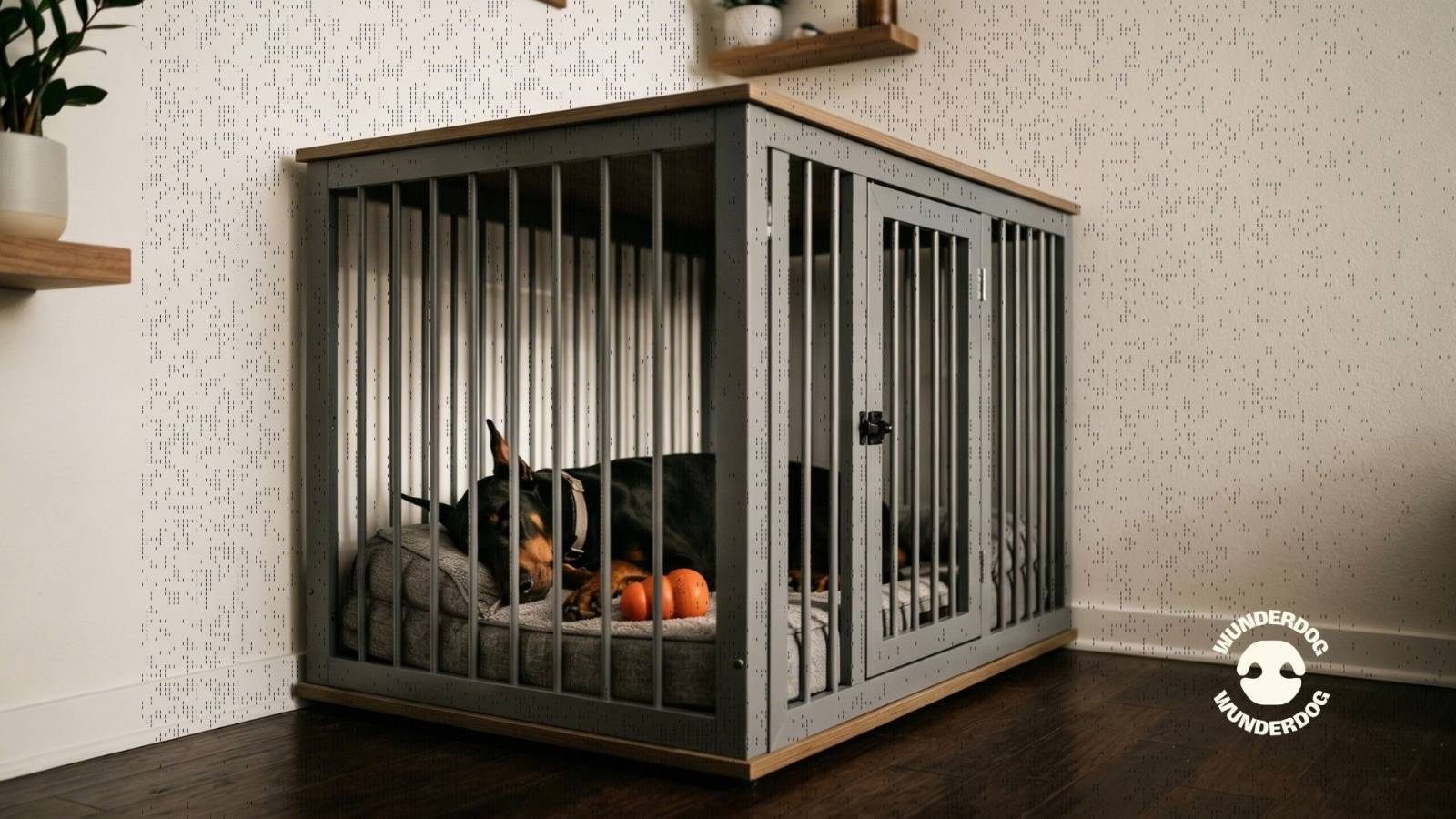 Dog resting calmly inside a comfortable indoor crate with bedding and toys, creating a safe and quiet space at home.