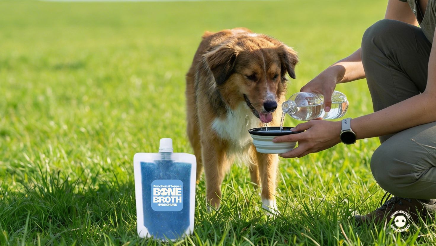 Dog drinking water outdoors while a person pours water into a travel bowl, with a Wunderdog Hydrohound topper beside it.