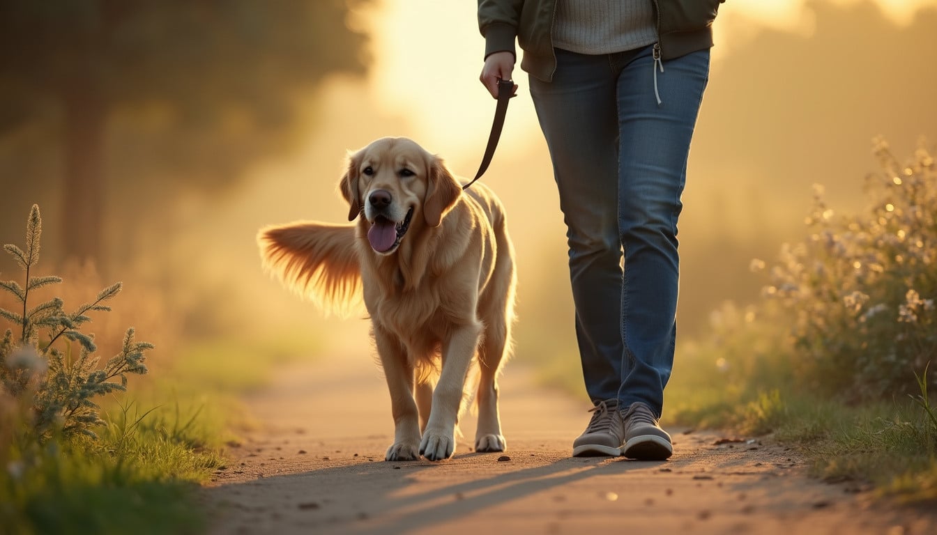Golden retriever walking on a lead beside its owner on a sunlit path