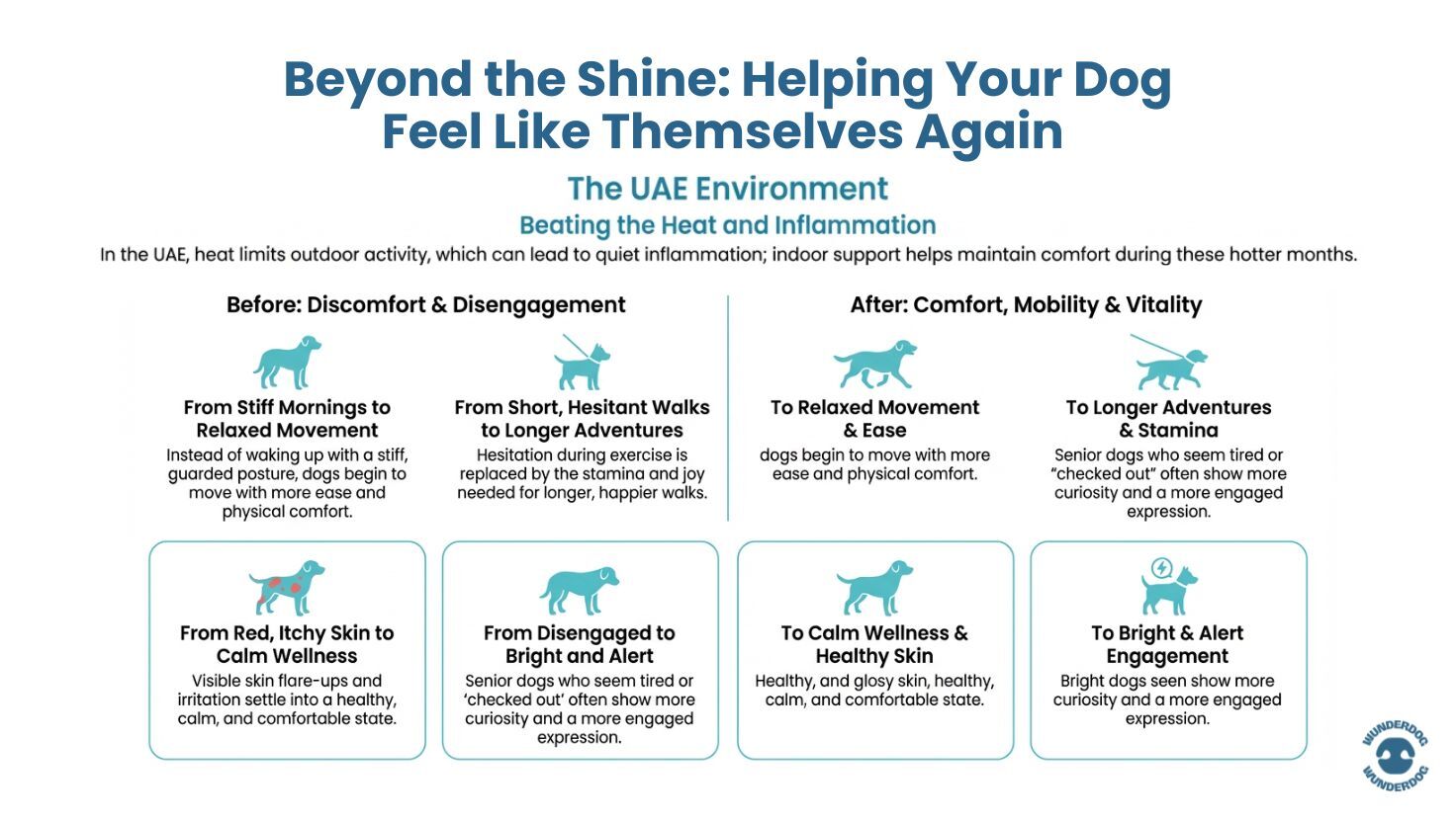 Comparison graphic showing shiny coat as an early sign of omega-3 intake alongside deeper benefits like joint comfort and engagement.