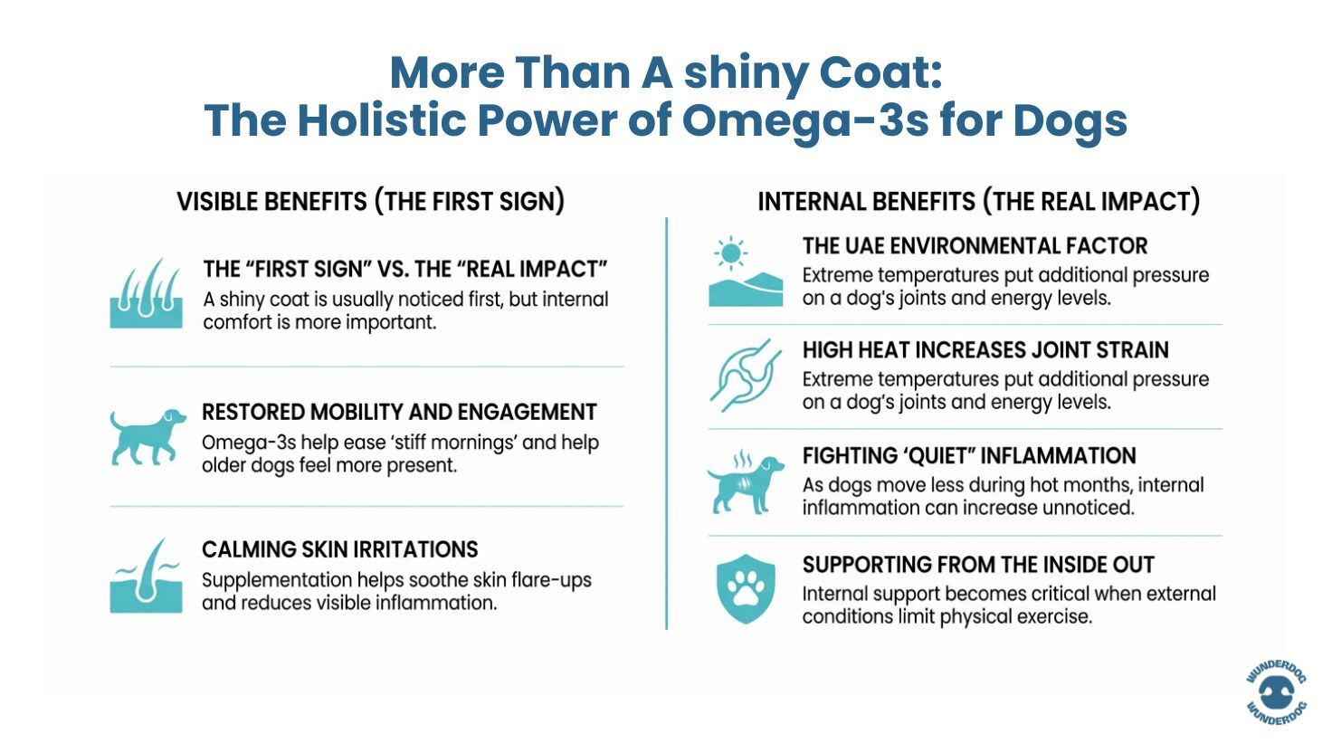 Infographic explaining visible and internal benefits of omega-3s for dogs, including mobility, skin comfort, and vitality in the UAE climate.