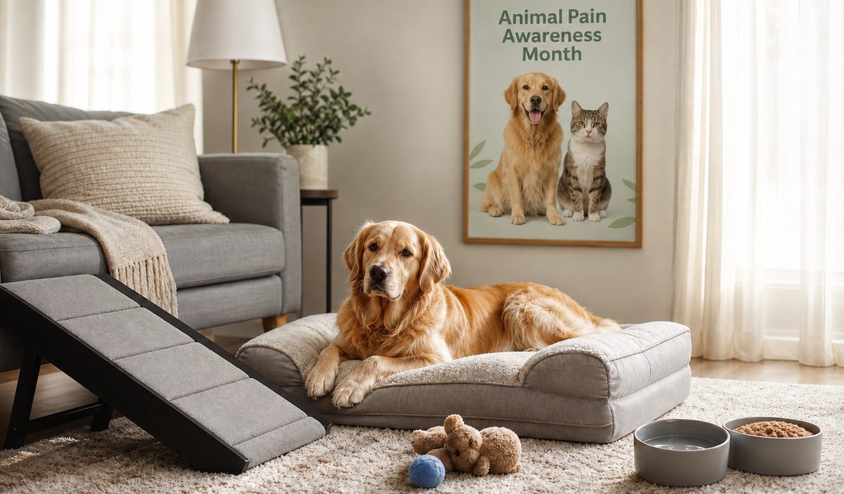 Golden retriever resting on an orthopaedic bed next to a ramp, a calm home set-up for a pet in pain